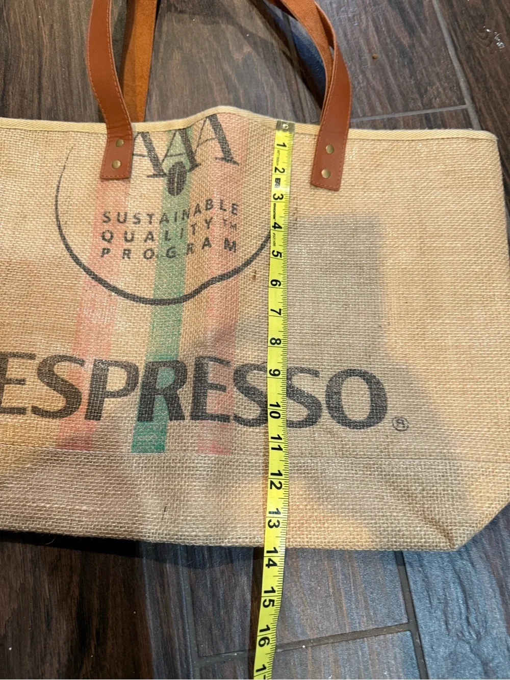 Nespresso Beige Jute Tote with Brown Leather Handles and Logo